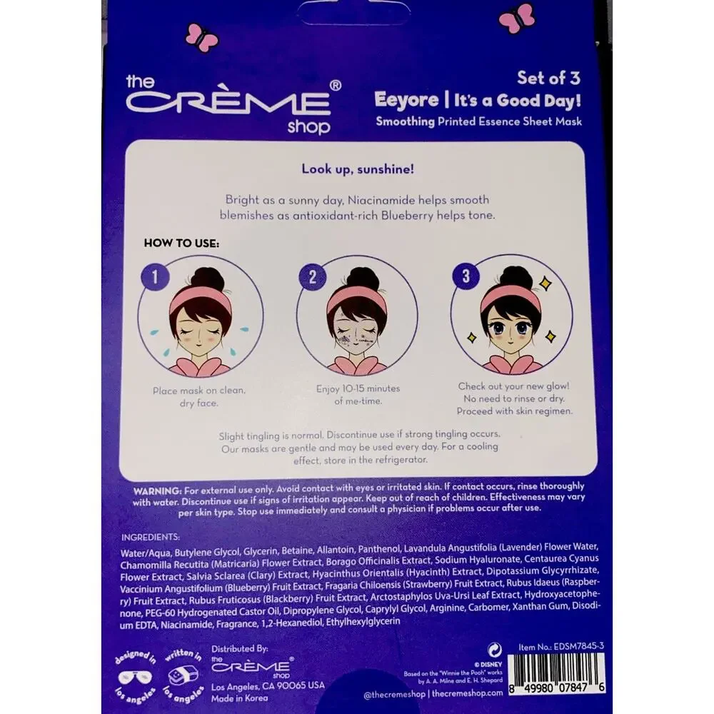 The CRÉME Shop Smoothing Printed Essence Sheet Mask-Eeyore, Blueberry- 3pk